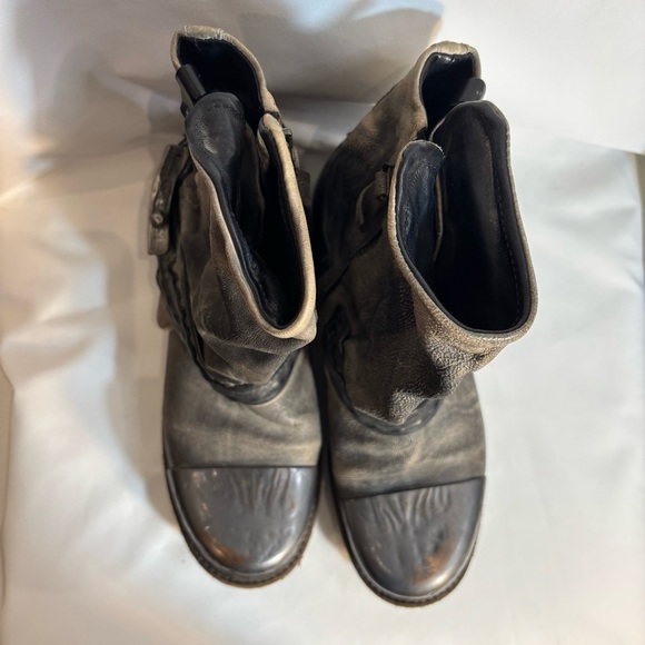 AS 98 Sz 38 Metal Toe Distressed Leather Moto Style Zip Up Buckles Boots - Picture 4 of 16